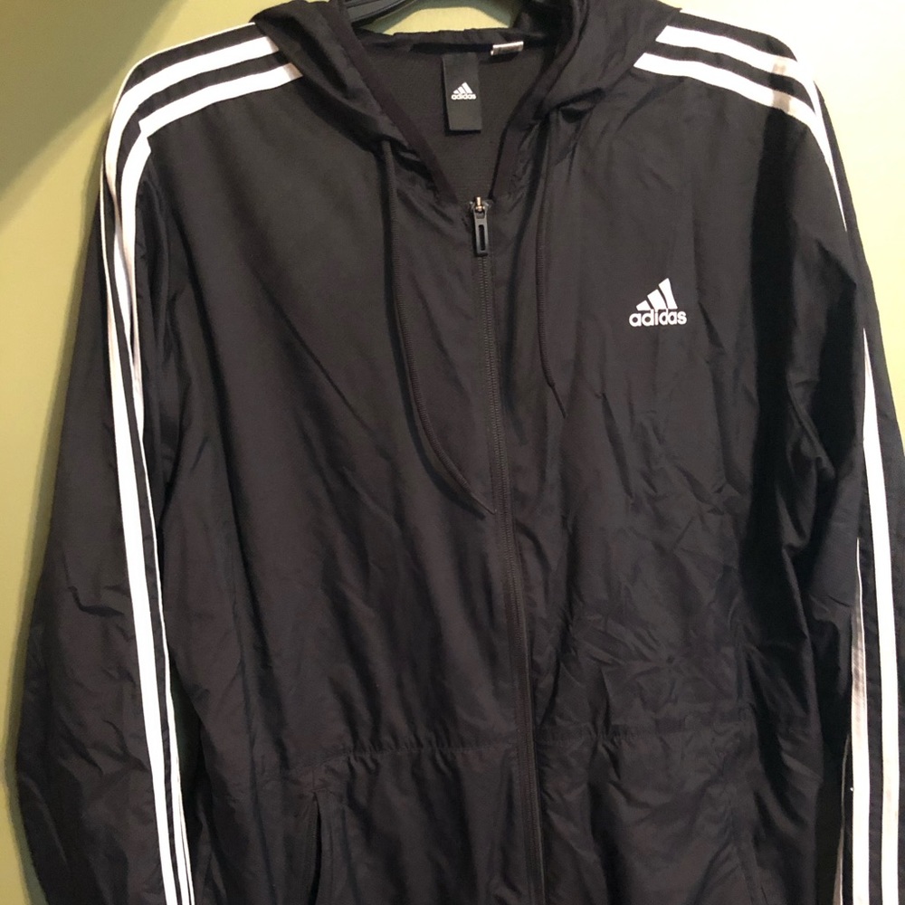Black adidas zip up jacket w/ White stripes